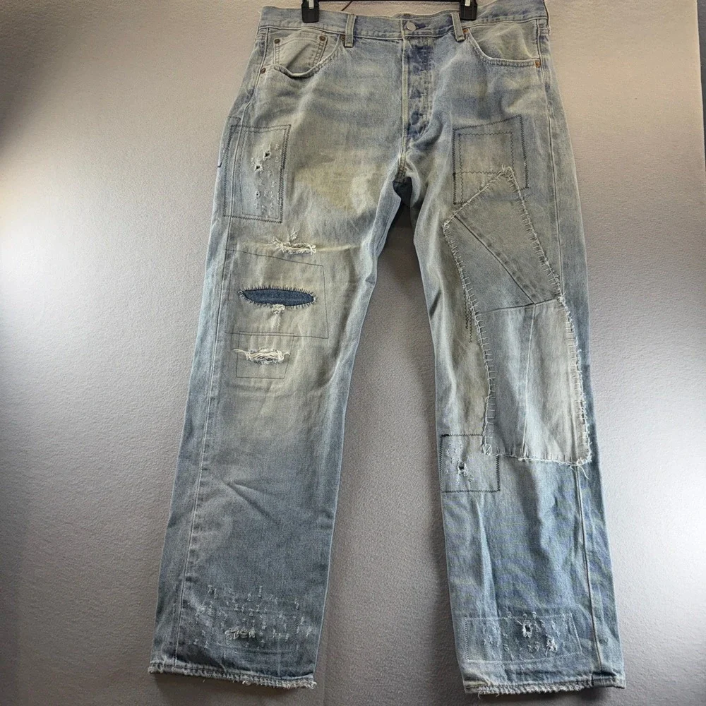 Levis Premium 501 Original Fit Patchwork Distressed Jeans Mens 38x32 Light Wash